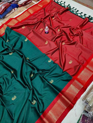 HouseOfCommon Woven Banarasi Cotton Silk Saree(Green)