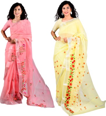 sarvagya enterprises Embroidered Kota Doria Cotton Blend Saree(Pack of 2, Red, Yellow)