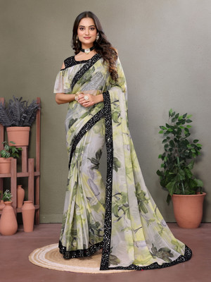 miracletex Floral Print Bollywood Lycra Blend Saree(Dark Green)