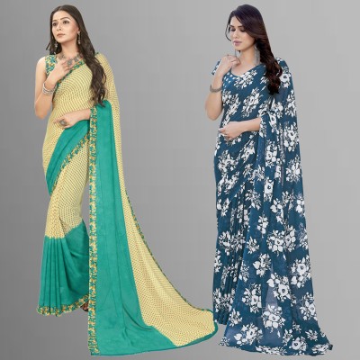 kashvi sarees Floral Print Daily Wear Georgette Saree(Pack of 2, Beige, Light Blue, Blue)