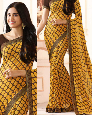 MEETVIN COUTURE Printed, Self Design, Digital Print, Embroidered, Floral Print, Solid/Plain Daily Wear Georgette, Chiffon Saree(Yellow)