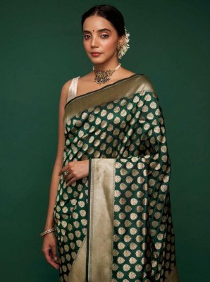 hathdora creation Woven Banarasi Jacquard Saree(Dark Green)