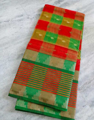 Shyamalisaree Checkered Tant Pure Cotton Saree(Red, Green)