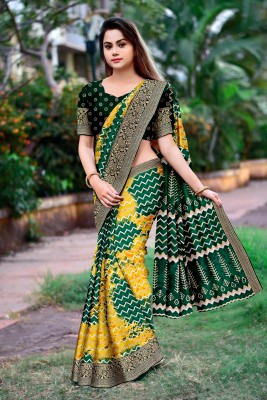 AK Fashion Printed Leheria Cotton Linen Saree(Green)
