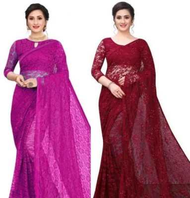 Vragi Dyed, Woven Bollywood Net Saree(Pack of 2, Multicolor)