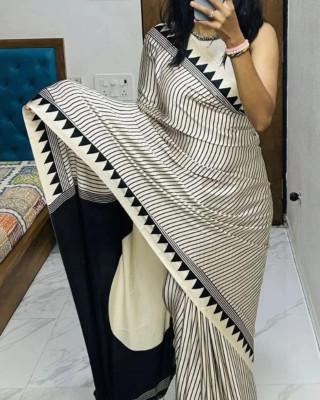 Aquiliq Printed Bollywood Satin Saree(Cream, Black)