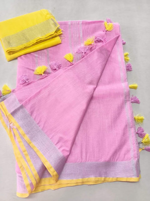Aamir Fashion Textile Solid/Plain Bhagalpuri Handloom Cotton Linen Saree(Pink)