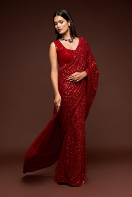 DIVINE INTERNATIONAL TRADING CO Embroidered Bollywood Georgette Saree(Red)