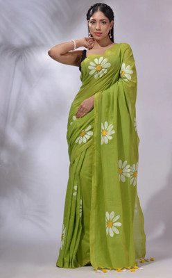 sdn Floral Print Tant Handloom Cotton Blend Saree(Green)