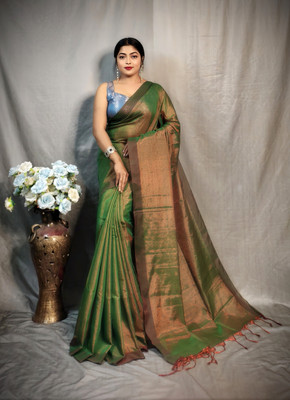 RIDDHIMAN FASHION Solid/Plain Handloom Tissue Saree(Green)