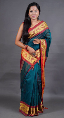 ANU INDIAN FASHION Woven, Temple Border Handloom Cotton Silk Saree(Light Blue)