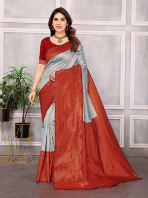 Soor Panchi Woven Kanjivaram Pure Silk Saree(Light Blue)