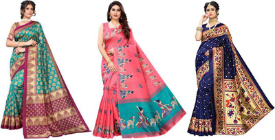 Priyashi Printed Kanjivaram Art Silk Saree(Pack of 3, Blue, Pink, Dark Blue)