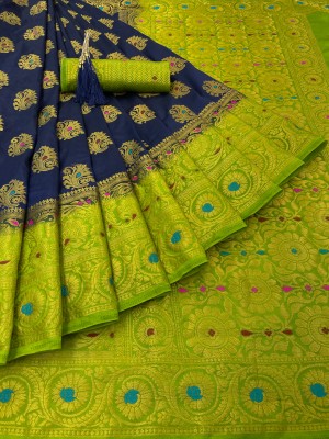 Darshita International Woven Kanjivaram Silk Blend, Pure Silk Saree(Dark Blue, Green)