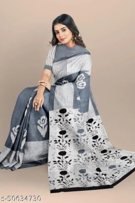 AARTI FASHION Printed, Blocked Printed, Floral Print Daily Wear Pure Cotton Saree(Grey)