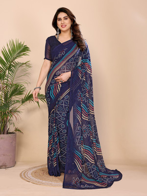 TTH Printed Bollywood Georgette Saree(Dark Blue, White, Red)