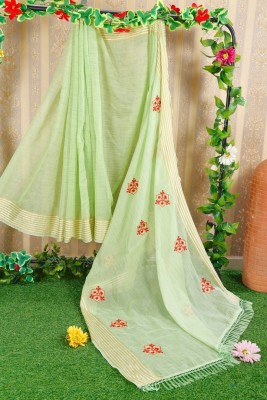 Texture India Embellished, Printed, Self Design Bollywood Cotton Blend Saree(Green)