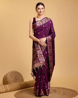 GajGajra Woven, Floral Print Banarasi Pure Silk Saree(Purple)