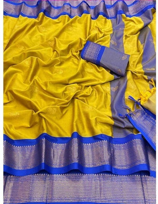 Hiba fabs Woven Banarasi Cotton Silk, Jacquard Saree(Yellow, Blue)