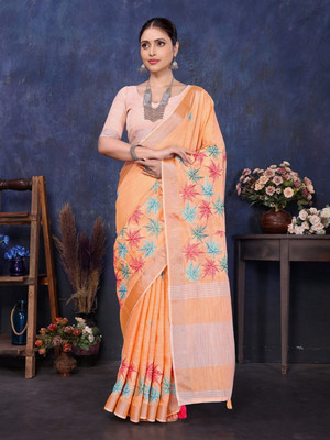 NEGRONI Printed Daily Wear Cotton Linen Saree(Orange)