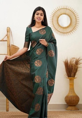 ANIRAV Printed Kanjivaram Cotton Silk, Jacquard Saree(Green)