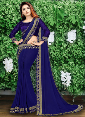 HNC Retail Temple Border Bollywood Lycra Blend, Chiffon Saree(Blue)