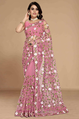 Peachmode Embroidered Bollywood Net Saree(Pink)