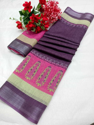 HouseOfCommon Printed Kanjivaram Linen, Cotton Linen Saree(Magenta)