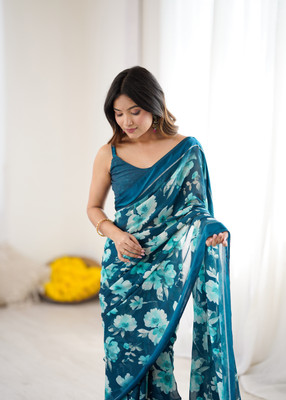Meet Trendz Floral Print Bollywood Satin Saree(Light Blue)
