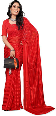 Moda Rapido Striped, Self Design Daily Wear Satin Saree(Red)