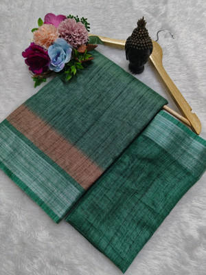 HouseOfCommon Printed Kanjivaram Linen, Cotton Linen Saree(Green)
