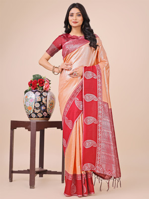 Tasrika Woven Banarasi Cotton Silk Saree(Cream, Red)