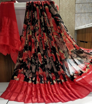 Bombey Velvat Fab Printed, Solid/Plain Ikkat Mulmul, Chiffon Saree(Red)