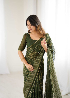 FashionZonee Embellished Leheria Georgette Saree(Dark Green)