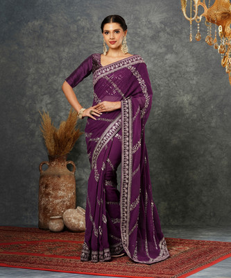 Samah Embellished, Embroidered, Dyed Bollywood Georgette Saree(Purple)