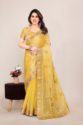 Mikhushop Embroidered Bollywood Jimmy choo Saree(Beige)