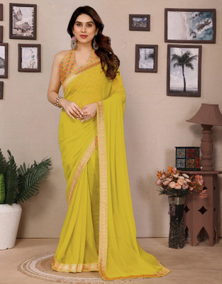 all about you Embellished, Solid/Plain Bollywood Georgette Saree(Yellow)