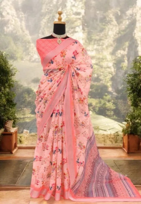 Grubstaker Digital Print Bollywood Linen Saree(Pink)