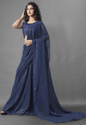 FAMOUS ZONE Embellished Bollywood Georgette Saree(Blue)