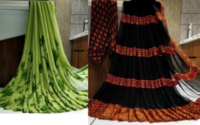 Sitanjali Printed Bollywood Georgette Saree(Pack of 2, Green, Black, Orange)