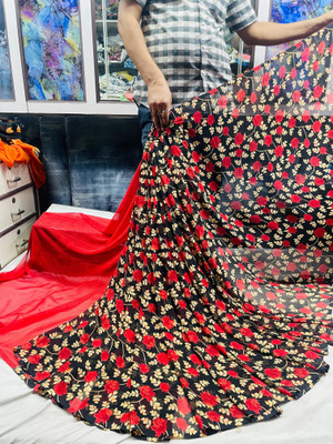 WILLMAKE Printed Bollywood Georgette Saree(Red)