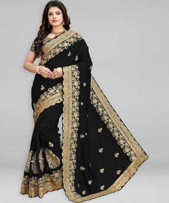 Kedar Fab Embroidered, Self Design, Embellished Bollywood Pure Silk Saree(Gold, Black)