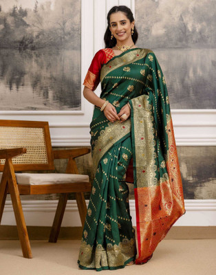 Falessa Floral Print, Woven Banarasi Art Silk Saree(Dark Green)