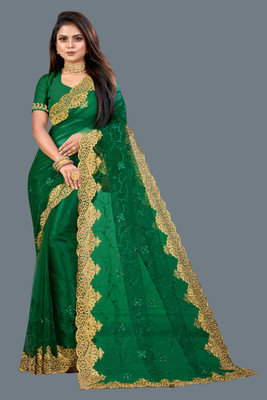 KHRITI FAB Embroidered, Floral Print Bollywood Net Saree(Green)