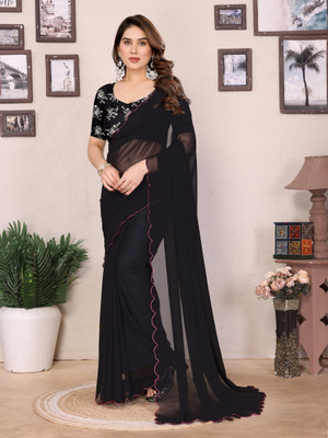 REDFISH Embroidered Bollywood Georgette Saree(Black)