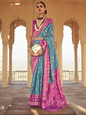 Sareemall Woven Patola Silk Blend Saree(Blue)