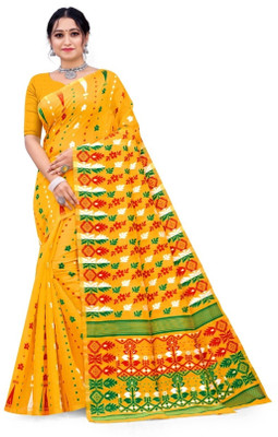 pal saree mahal Self Design Jamdani Cotton Silk Saree(Yellow)