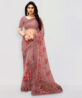 PATLANI STYLE Embroidered Bollywood Net Saree(Brown)