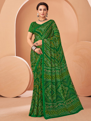 Divastri Printed Bandhani Chiffon Saree(Green)