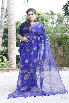 BRYNBRIT Digital Print, Printed Chanderi Cotton Silk Saree(Blue)